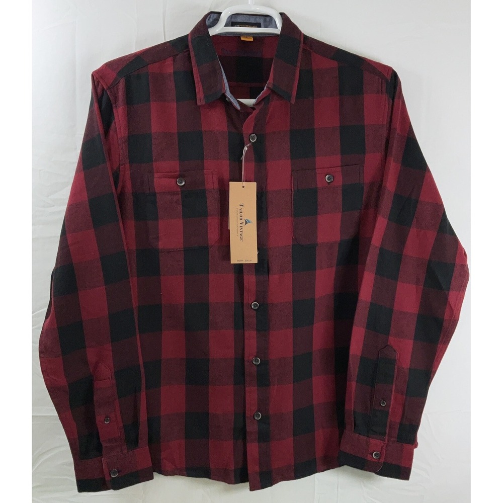 NWT Men's Tailor Vintage Red & Black‎ Buffalo Plaid Stretch Flannel Shirt Large